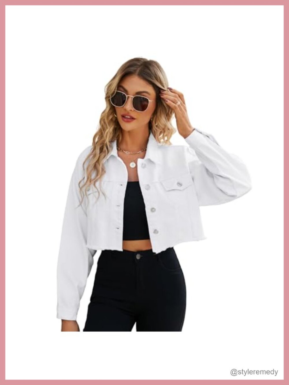 Cropped Distressed Denim Jacket Long Sleeve Button-Down Frayed Jean Coat